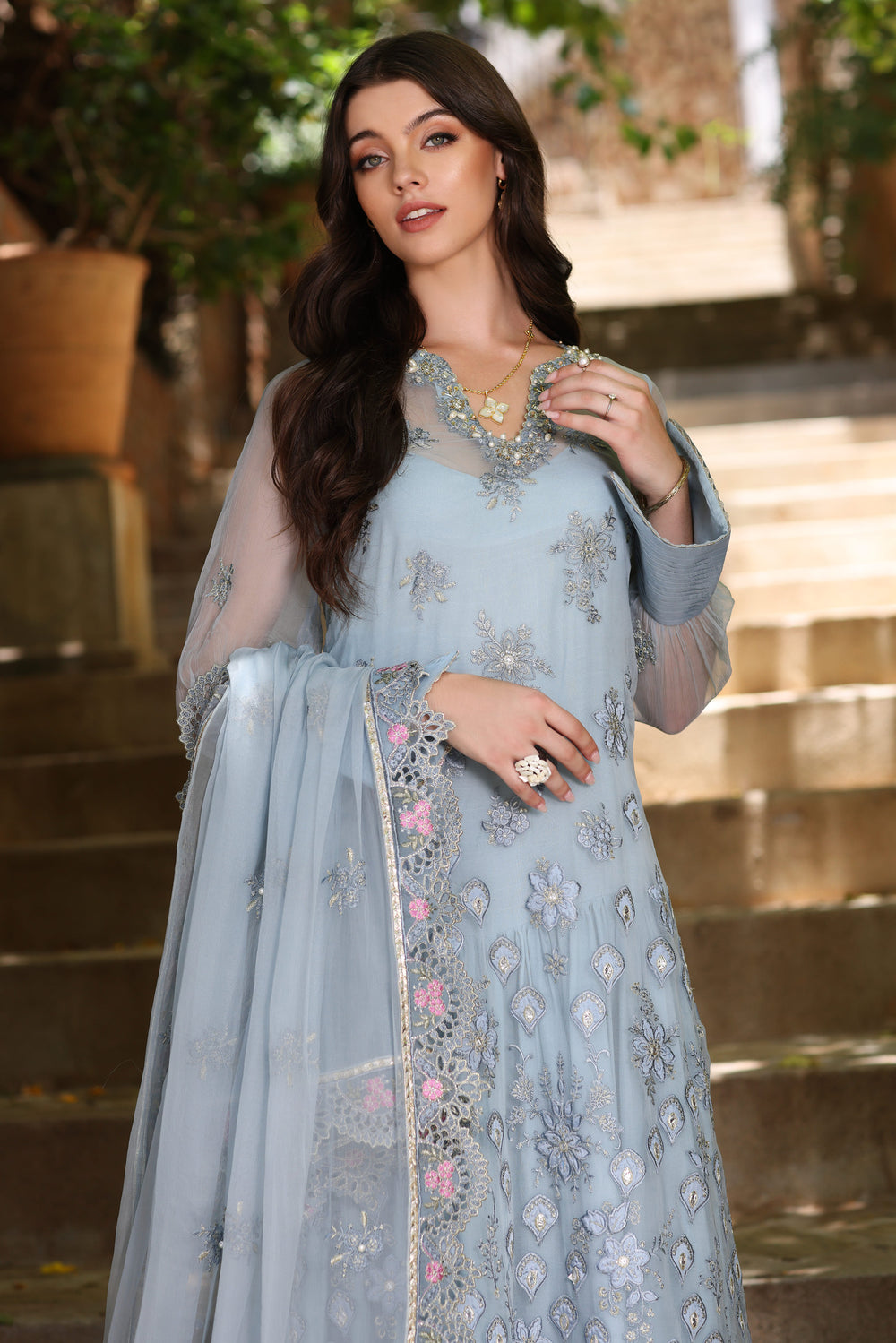 Noor by Saadia Asad Chiffon Handwork Schiffli and Laser Kari