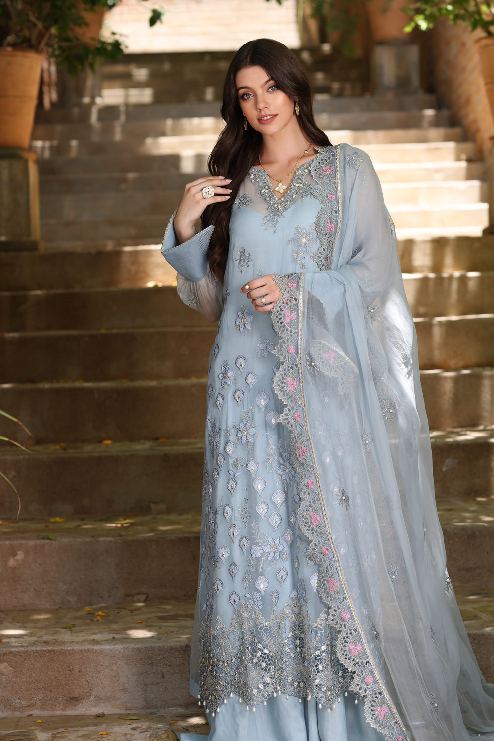 Noor by Saadia Asad Chiffon Handwork Schiffli and Laser Kari
